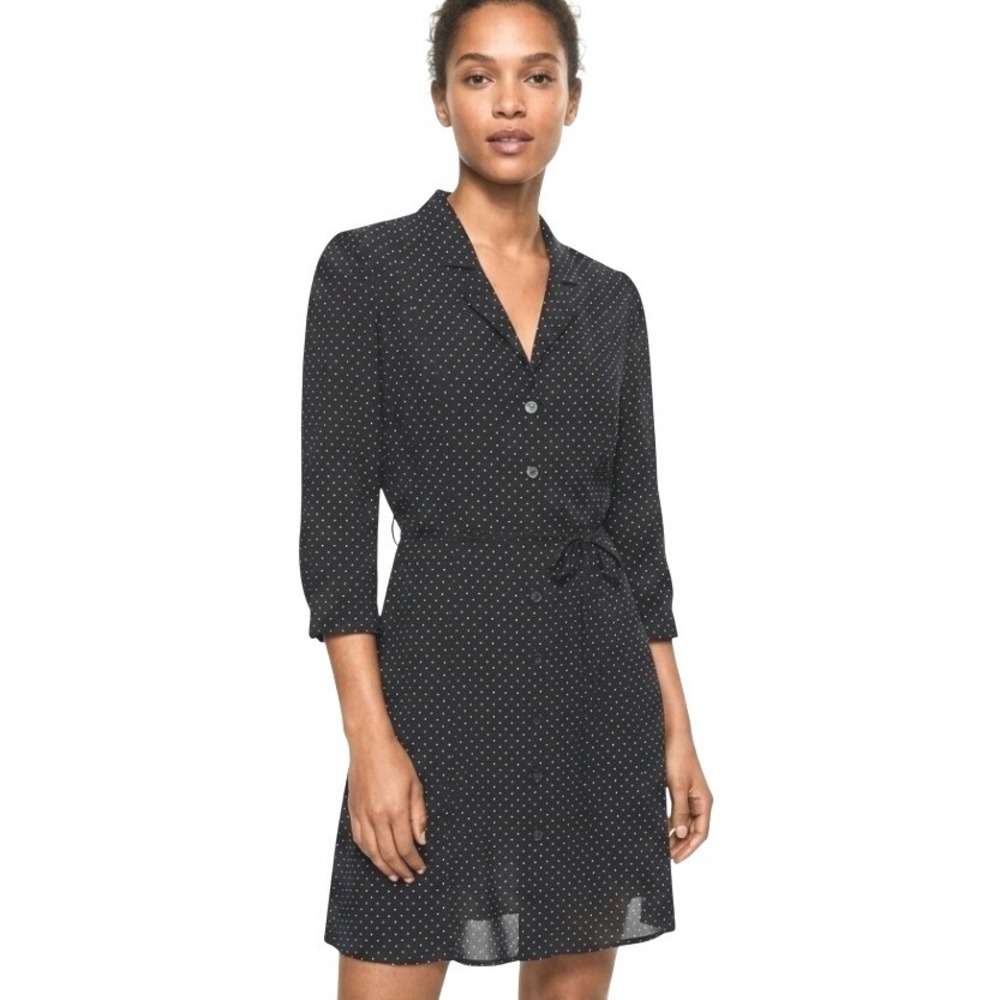 Mango Polka Dot Shirt Dress Womens 8 Black White Button‎ Front Tie Waist Casual